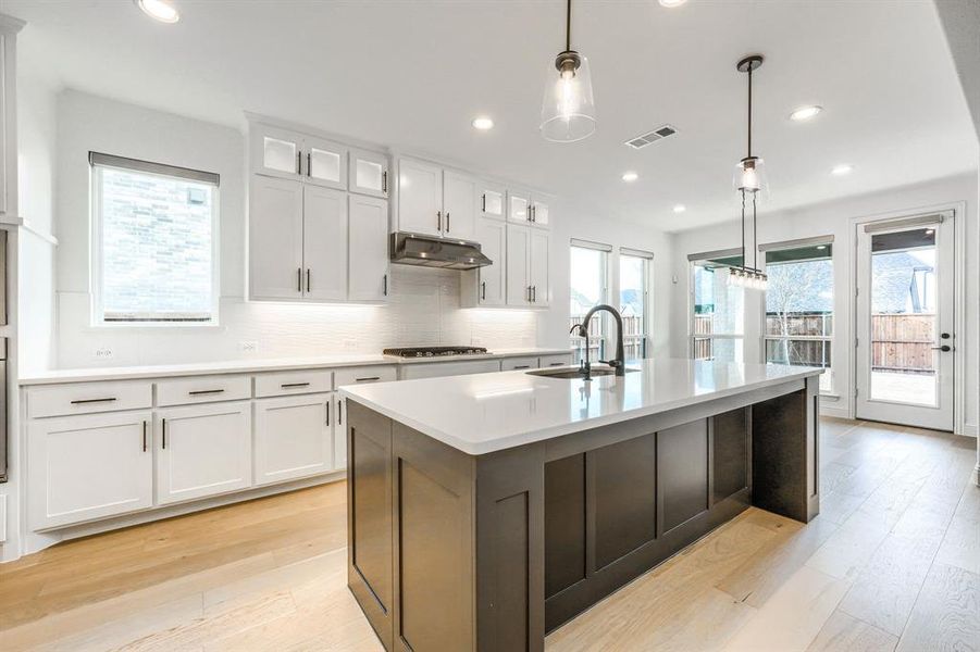 Kitchen with visible vents, backsplash, under cabinet range hood, light wood-style flooring, and a sink