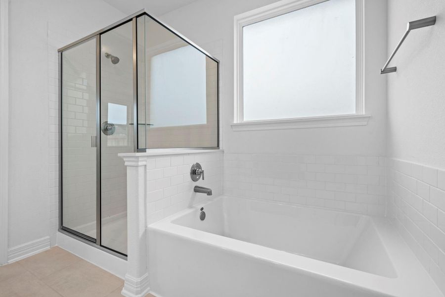 This additional view of your primary bathroom features tile flooring, fresh paint, walk-in shower, a separate garden tub, and a large walk-in closet.