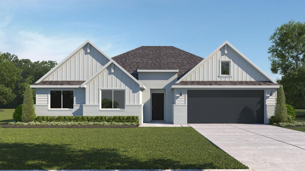 Front exterior of a new home in Revelry, Del Valle, TX, highlighting curb appeal (Image 1). Front exterior of a new home in Revelry, Del Valle, TX, highlighting curb appeal (Image 1).