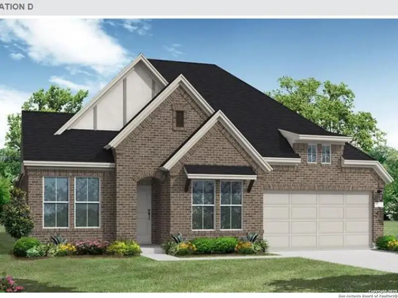 Front exterior of a new home in Buffalo Crossing, Cibolo, TX, highlighting curb appeal (Image 1).