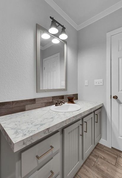 Bathroom with light wood-style flooring, vanity, and crown molding Bathroom with light wood-style flooring, vanity, and crown molding