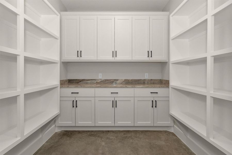 The home features a spacious walk-in pantry with abundant shelving and cabinetry, providing exceptional storage and organization. Complete with countertop space, it’s perfect for small appliances, food prep, and even creating a charming coffee bar setup. A functional and stylish extension of the kitchen, this pantry offers both convenience and versatility.