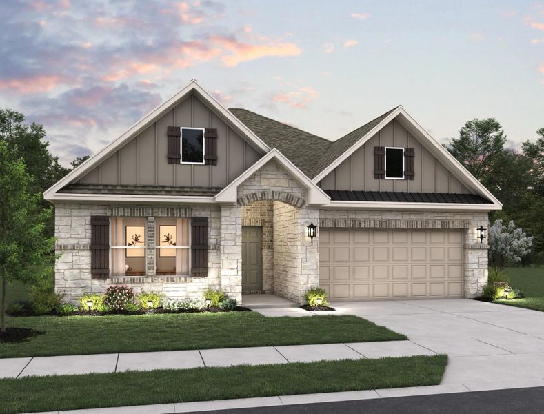 Representative exterior photo of a completed home built from the Leander by Ashton Woods in The Heights at Saddlebrook Ranch 60's, Schertz, TX (Image 15). Representative exterior photo of a completed home built from the Leander by Ashton Woods in The Heights at Saddlebrook Ranch 60's, Schertz, TX (Image 15).