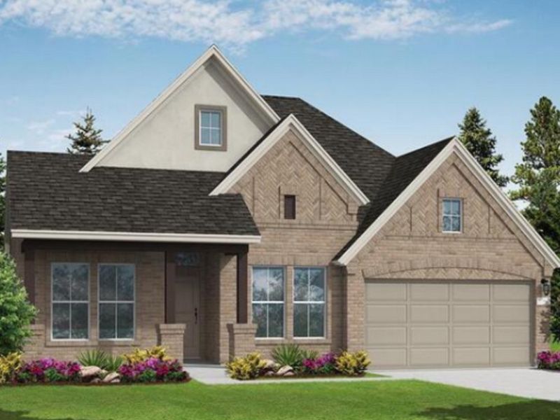 Front exterior of a new home in Homestead, Schertz, TX, highlighting curb appeal (Image 1). Front exterior of a new home in Homestead, Schertz, TX, highlighting curb appeal (Image 1).