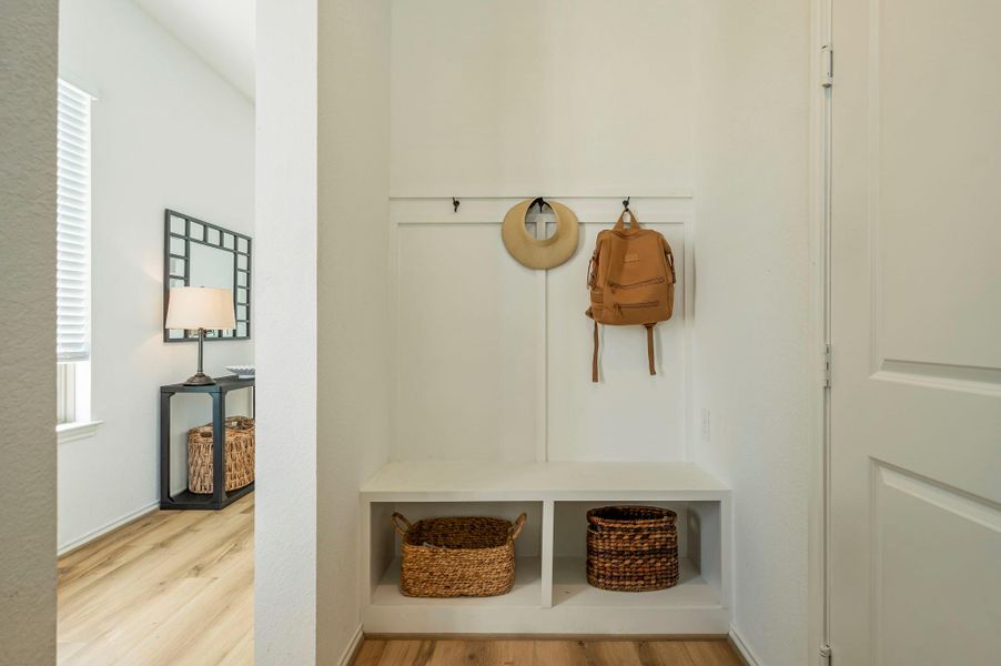 Entryway Nook by the Garage Entrance + Shelves. & Hooks for Storage
