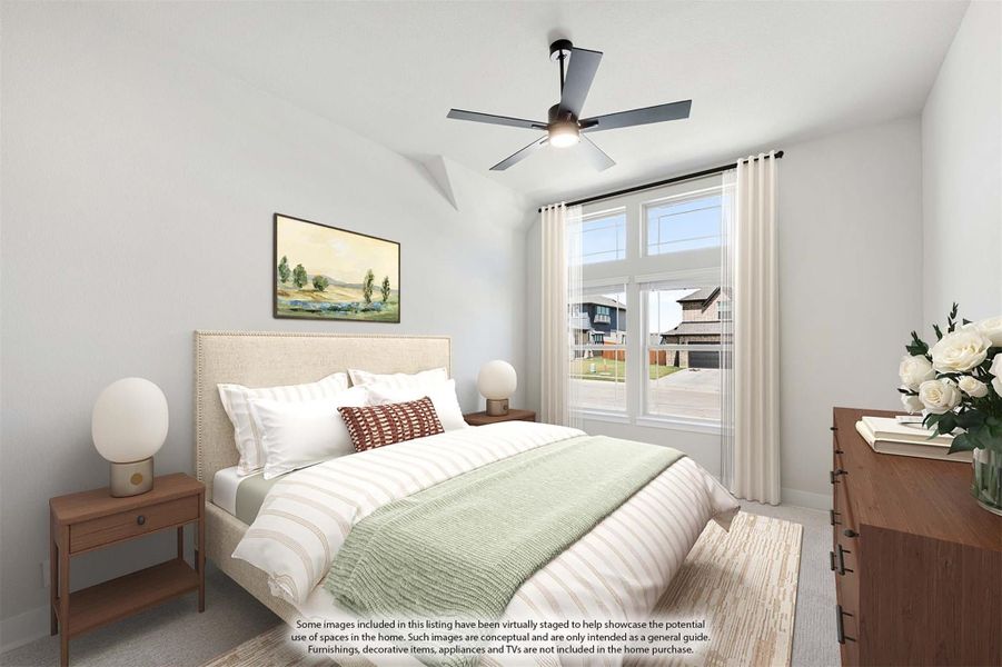 Bedroom with vaulted ceiling, ceiling fan, large window, and neutral upholstered bed with wood nightstands