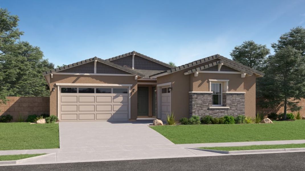 Front exterior of a new home in Windstone Ranch, Surprise, AZ, highlighting curb appeal (Image 1). Front exterior of a new home in Windstone Ranch, Surprise, AZ, highlighting curb appeal (Image 1).