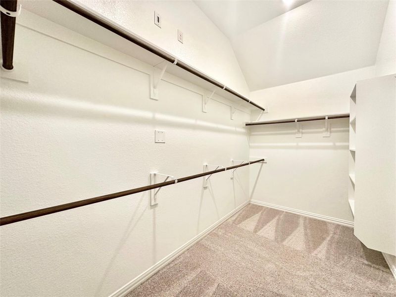 Spacious closet with light carpet and lofted ceiling Spacious closet with light carpet and lofted ceiling