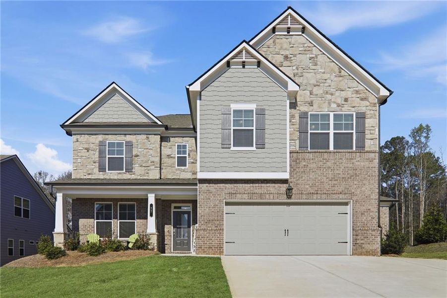 Front exterior of a new home in Rosewood Lake Estates, Hoschton, GA, highlighting curb appeal (Image 1). Front exterior of a new home in Rosewood Lake Estates, Hoschton, GA, highlighting curb appeal (Image 1).