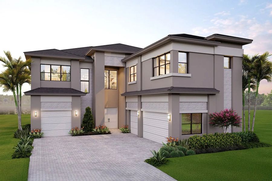 Front exterior of a new home in Apex at Avenir, Palm Beach Gardens, FL, highlighting curb appeal (Image 5). Front exterior of a new home in Apex at Avenir, Palm Beach Gardens, FL, highlighting curb appeal (Image 5).