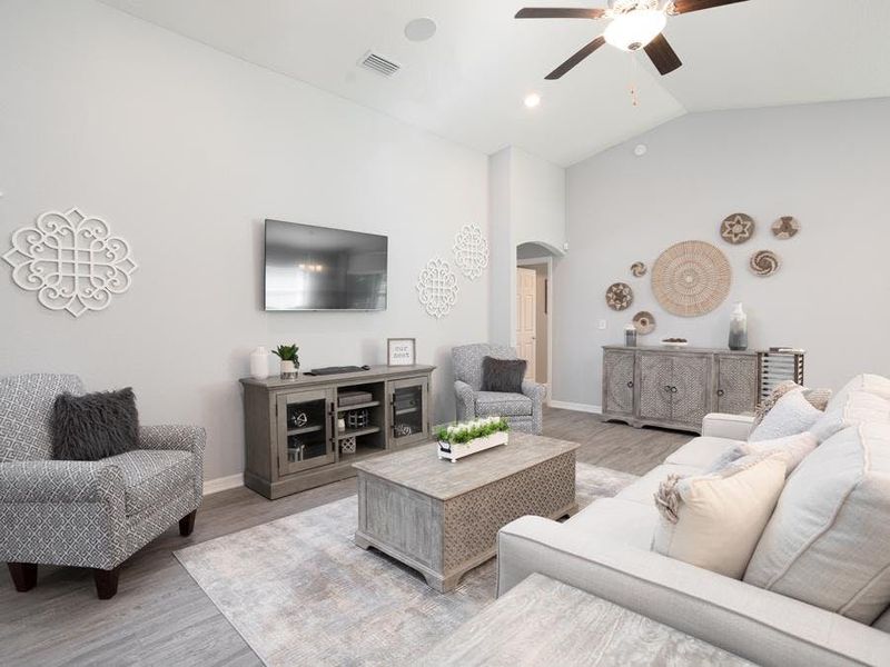 Welcoming open gathering room - Raychel II home plan by Highland Homes Welcoming open gathering room - Raychel II home plan by Highland Homes