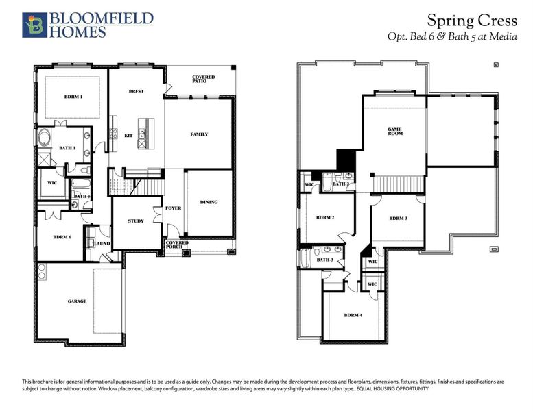 Bloomfield Homes Spring Cress two-story floor plan with 6 bedrooms, 5 bathrooms, game room, and covered patio option. Bloomfield Homes Spring Cress two-story floor plan with 6 bedrooms, 5 bathrooms, game room, and covered patio option.