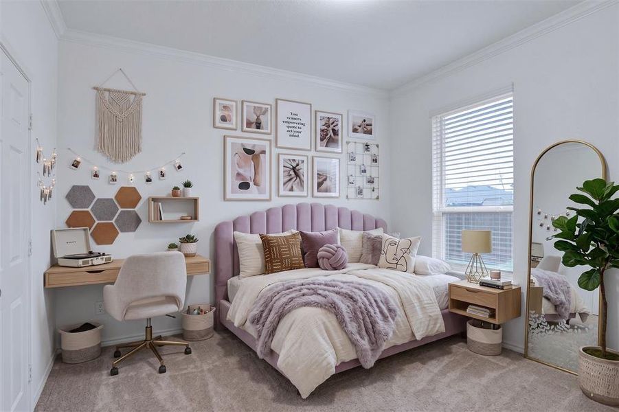 Recessed lighting illuminates a room featuring carpet flooring and a large window with horizontal blinds