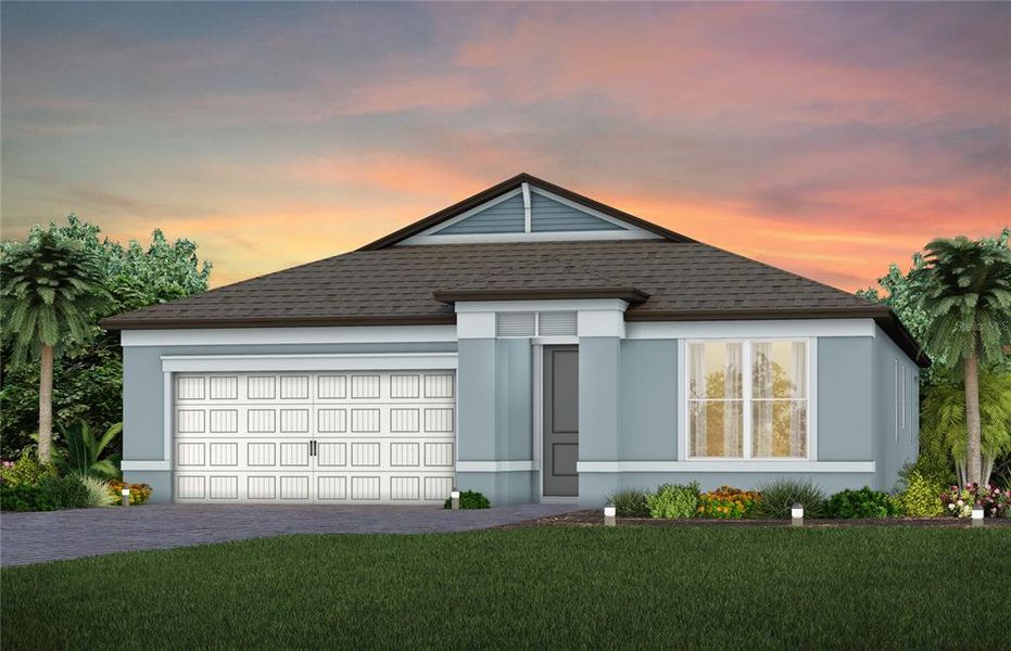 Front exterior of a new home in Del Webb Sunchase, Parrish, FL, highlighting curb appeal (Image 1).