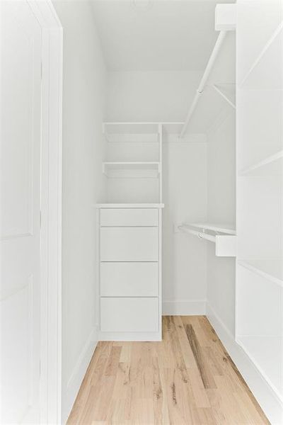 Spacious closet featuring light hardwood / wood-style floors