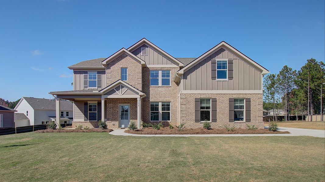 Representative exterior photo of a completed home built from the Meridian II by DRB Homes in Kingston, Locust Grove, GA (Image 20). Representative exterior photo of a completed home built from the Meridian II by DRB Homes in Kingston, Locust Grove, GA (Image 20).