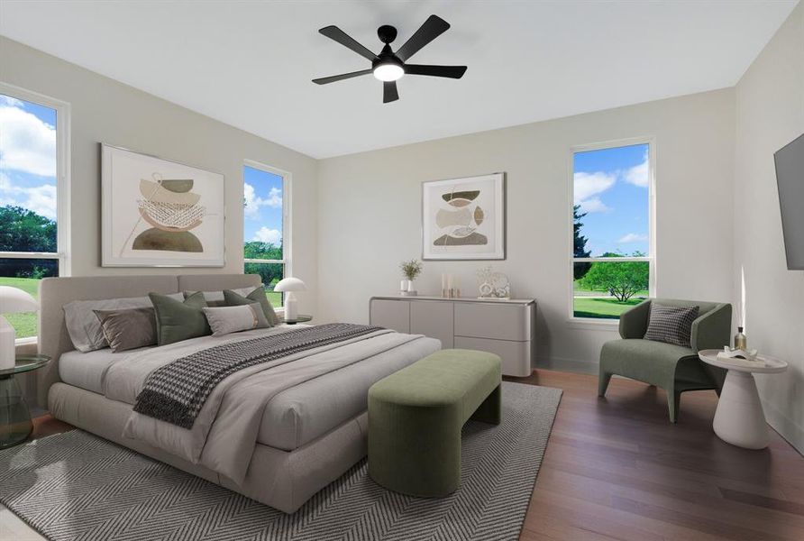 Spacious room with wood-finish flooring and light-toned walls Spacious room with wood-finish flooring and light-toned walls