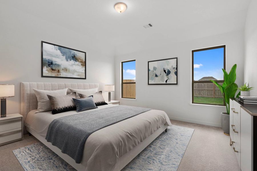 Primary bedroom.  Sample product photo. Actual exterior and interior selections may vary by homesite. Photo may be virtually staged.