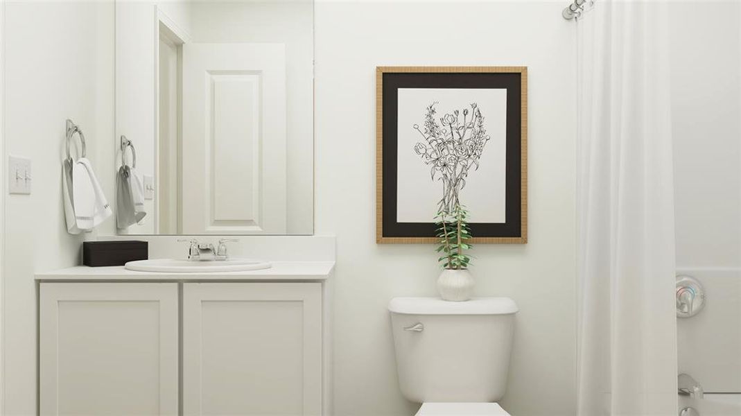 Full bathroom featuring vanity and shower / tub combo Full bathroom featuring vanity and shower / tub combo