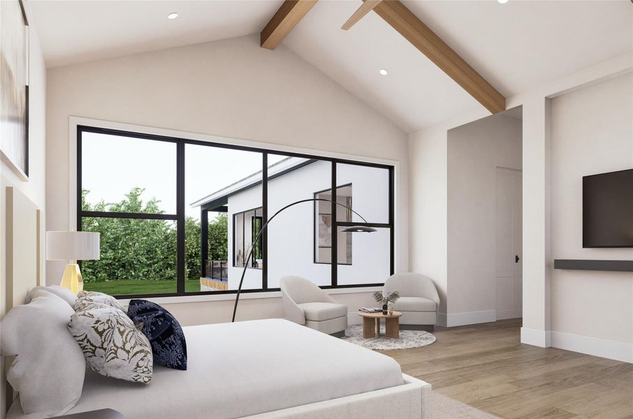 This angle offers a glimpse of how the primary suite may accommodate a dedicated sitting area, positioned to enjoy expansive windows and garden views. The layout invites flexibility in how the space is furnished, while vaulted ceilings and wide-plank flooring provide a timeless foundation for future personalization.