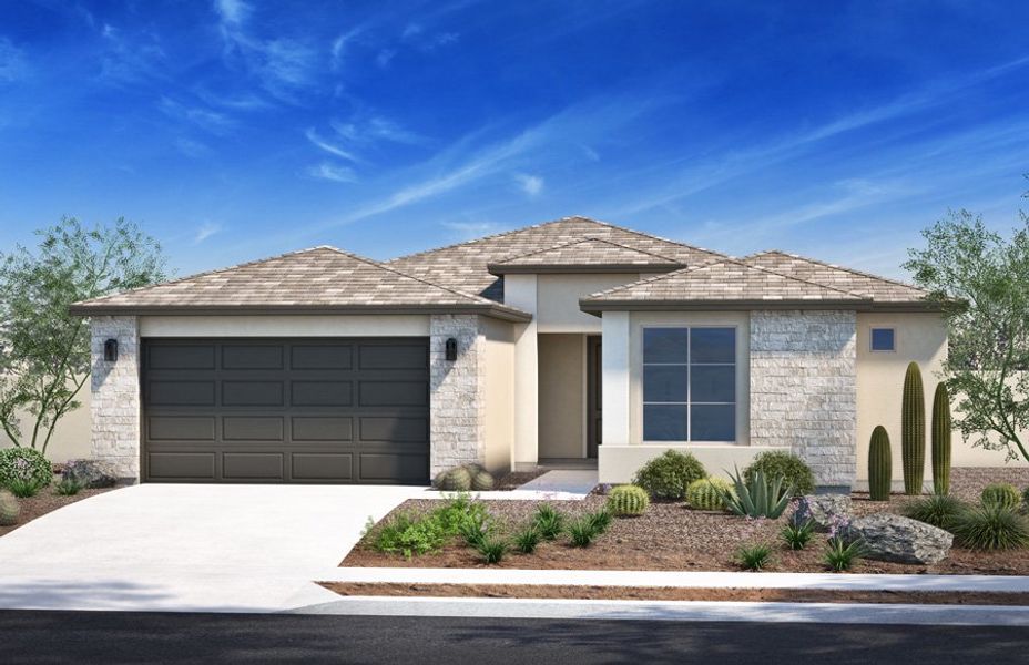 Representative exterior photo of a completed home built from the 2305 by Homes by Towne in Stonefield, Surprise, AZ (Image 1). Representative exterior photo of a completed home built from the 2305 by Homes by Towne in Stonefield, Surprise, AZ (Image 1).