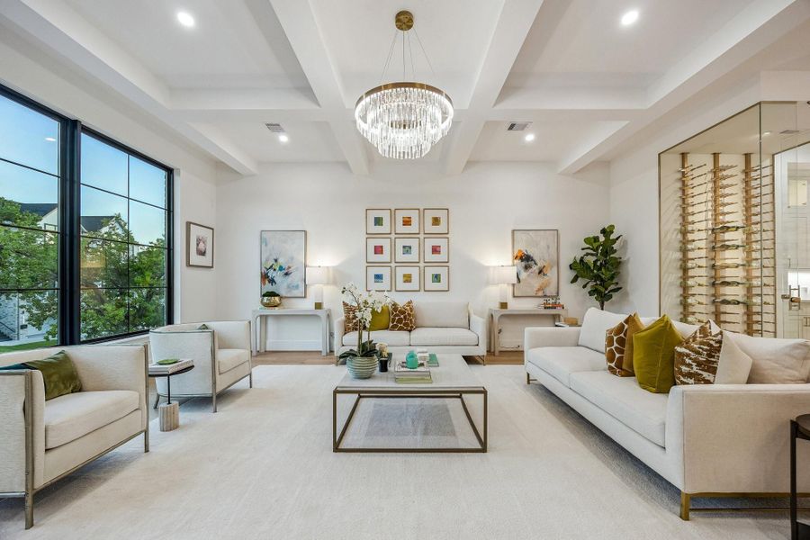 Ceiling with Painted Boxed Beam Detailing with a Modern Tiered Crystal LED Chandelier In Brass. Beautiful Anderson Divided Lite Windows. Ceiling with Painted Boxed Beam Detailing with a Modern Tiered Crystal LED Chandelier In Brass. Beautiful Anderson Divided Lite Windows.