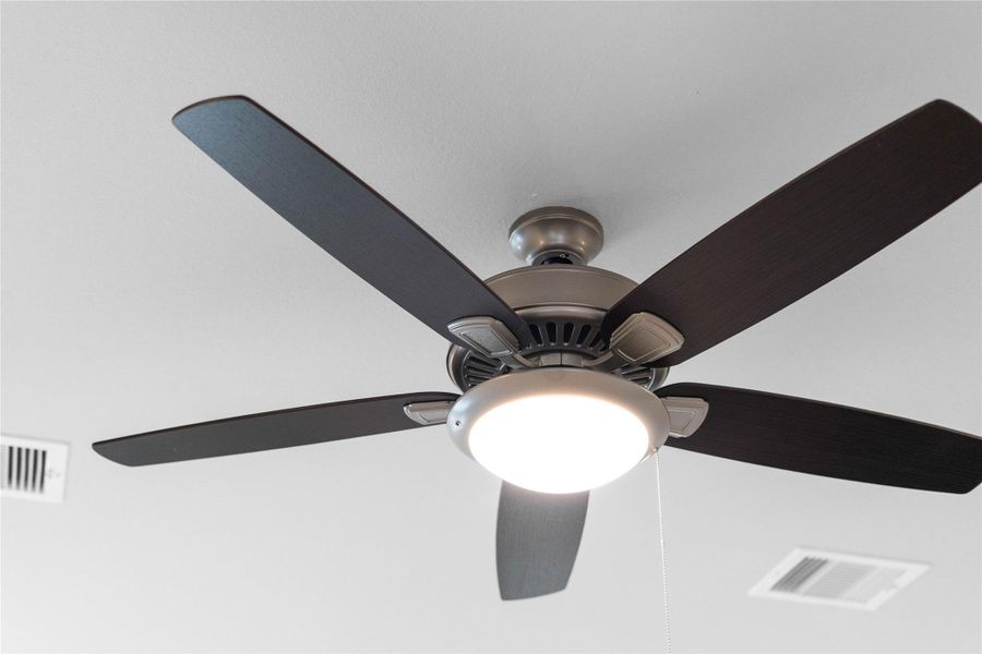 This contemporary ceiling fan features a brushed nickel finish and five dark wood blades, centered by an integrated LED light kit and a traditional pull chain for effortless control. The ceiling fan will make a room feel up to 4–8 degrees cooler and redistribute rising warm air in the winter.