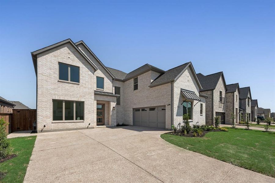View of front of home with brick siding, a front lawn, driveway, a garage, and a residential view View of front of home with brick siding, a front lawn, driveway, a garage, and a residential view