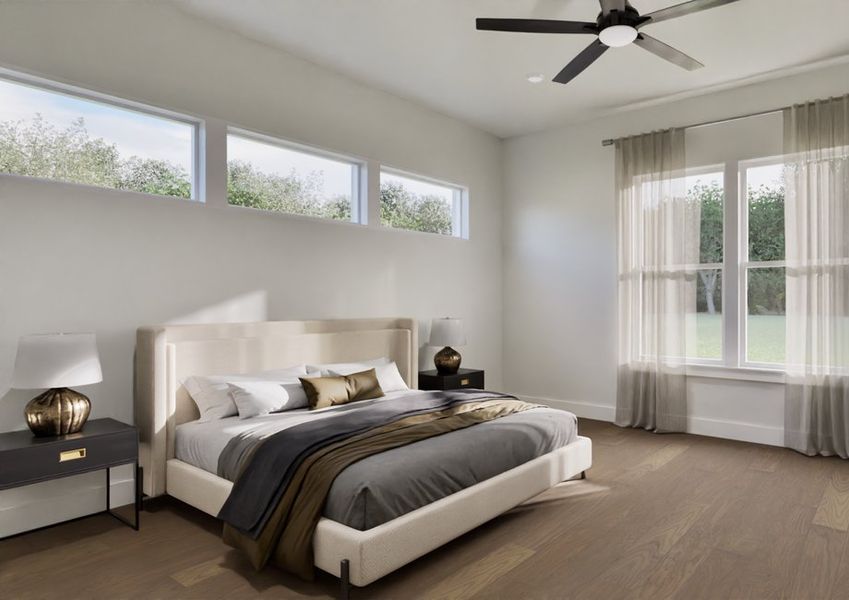 Bright bedroom with a modern design, featuring a queen-sized bed, grey and brown bedding, two nightstands, a window with sheer curtains, and a ceiling fan.