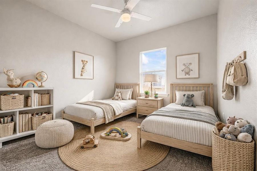 Bedroom with carpet flooring and ceiling fan Bedroom with carpet flooring and ceiling fan