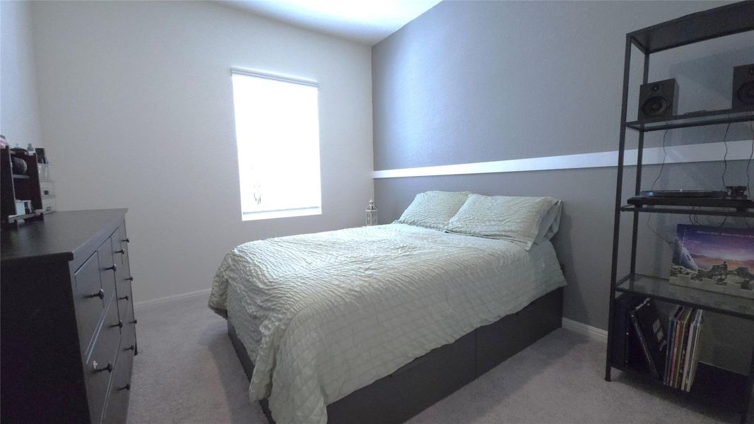 Carpeted room featuring a single window with blinds, a half-painted wall with a white trim accent, and a built-in shelf unit