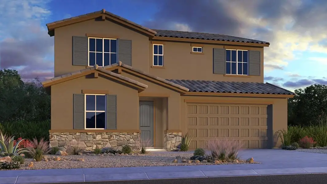 Front exterior of a new home in Stonehaven, Glendale, AZ, highlighting curb appeal (Image 1). Front exterior of a new home in Stonehaven, Glendale, AZ, highlighting curb appeal (Image 1).