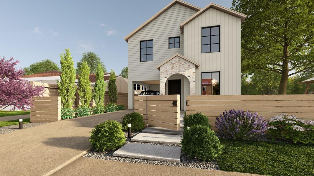 View of front facade featuring a fenced front yard, board and batten siding, and a gate