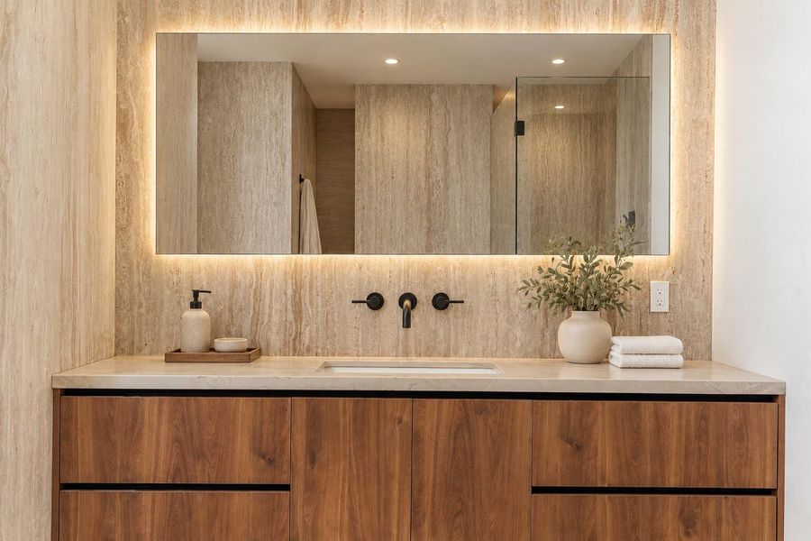 Upscale spa vanity with matte-black fixt