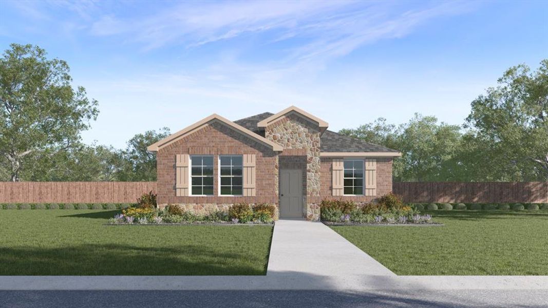 View of front facade with stone siding, roof with shingles, fence, and a front yard