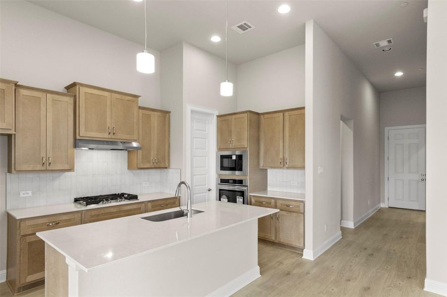 Kitchen featuring appliances with stainless steel finishes, a sink, under cabinet range hood, light wood-style floors, and a towering ceiling