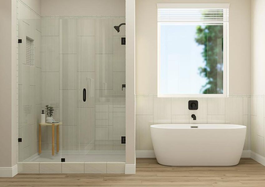 Rendering of the relaxing soaking tub and
  tiled shower in the master bath of the Primrose floor plan. A large window
  above the tub provides natural light.