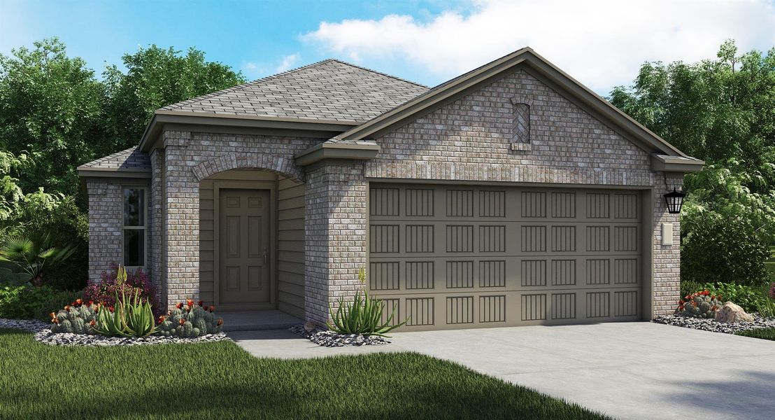 Front exterior of a new home in Woodfield Preserve, Georgetown, TX, highlighting curb appeal (Image 13).