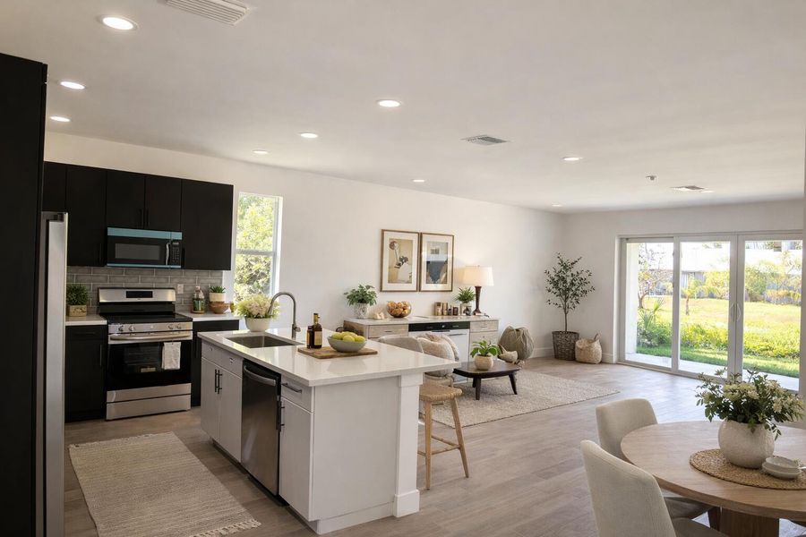 Modern kitchen and living space Modern kitchen and living space