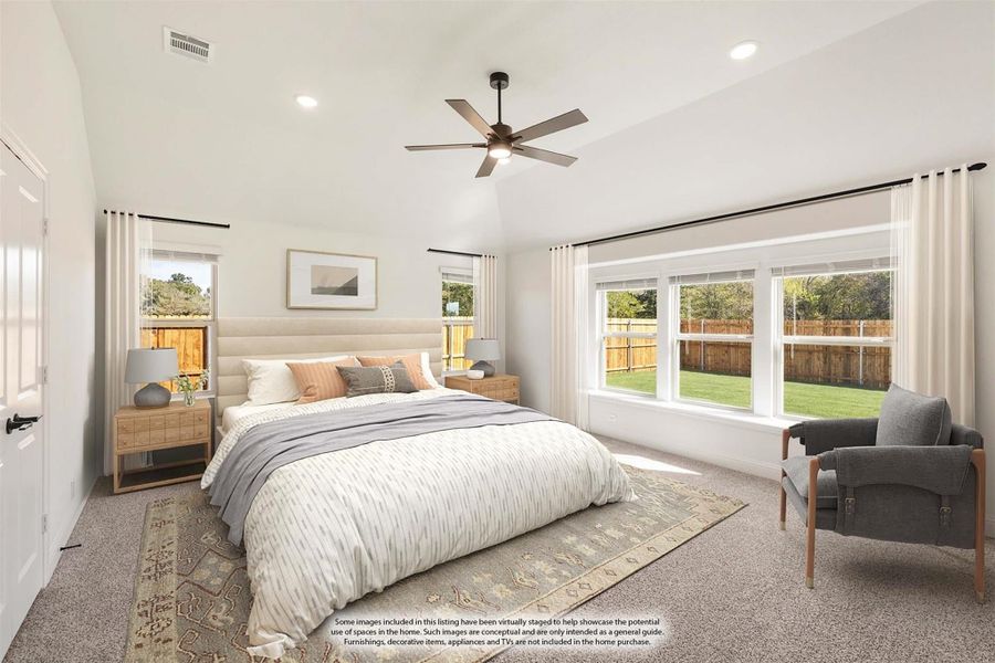 Carpeted master bedroom with vaulted ceiling, ceiling fan, and large windows overlooking backyard Carpeted master bedroom with vaulted ceiling, ceiling fan, and large windows overlooking backyard