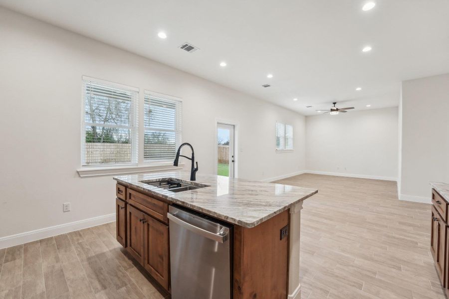 Kitchen featuring a sink, light stone countertops, dishwasher, and wood plank tile floor Kitchen featuring a sink, light stone countertops, dishwasher, and wood plank tile floor