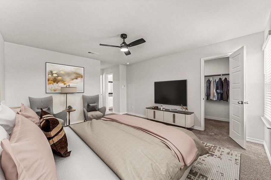Carpeted bedroom with a walk in closet and a ceiling fan Carpeted bedroom with a walk in closet and a ceiling fan