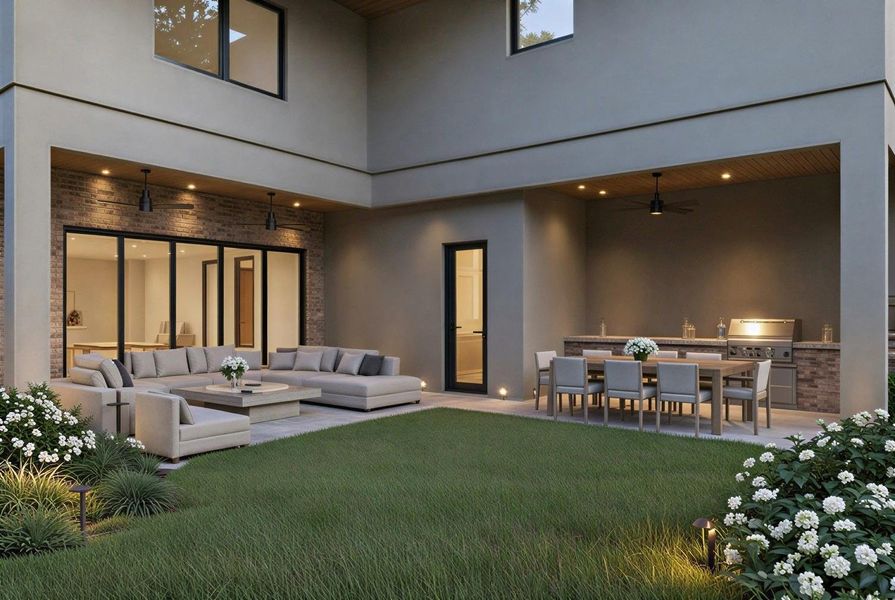 Rendering: Back yard with summer kitchen, covered patio, and half bath