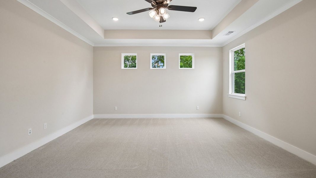Primary suite with tray ceiling, ceiling fan, and carpet Primary suite with tray ceiling, ceiling fan, and carpet
