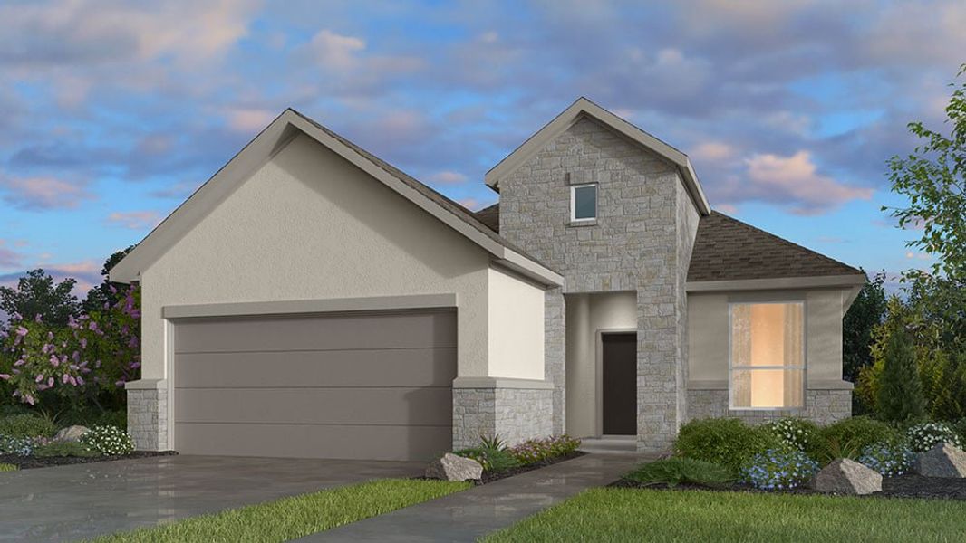 Front exterior of a new home in Turners Crossing, Buda, TX, highlighting curb appeal (Image 1). Front exterior of a new home in Turners Crossing, Buda, TX, highlighting curb appeal (Image 1).
