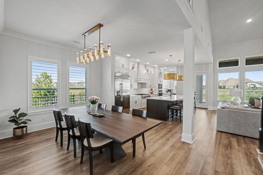 This viewpoint emphasizes the property's expansive, integrated floor plan, showcasing the clear flow between formal dining, the high-end kitchen, and the comfortable family room. Large windows throughout offer consistent views of the outdoor space, maximizing the sense of openness.