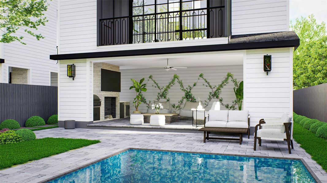 Artists Rendering of the exterior back of the home.  Pool in the rendering is not included with the price of the home.