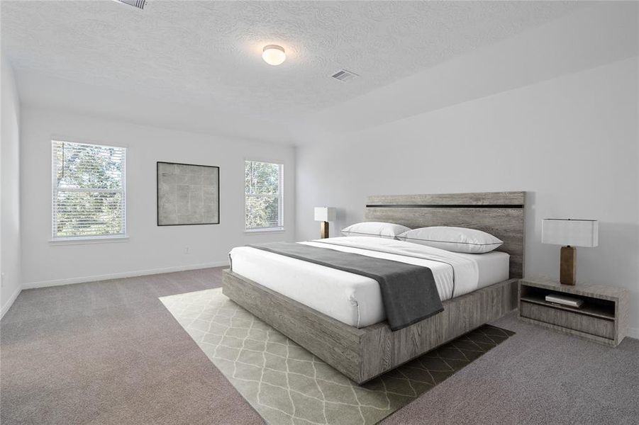 Come and unwind after a long day in this magnificent primary suite! This spacious room features plush carpet, warm paint, high ceilings and large windows with privacy blinds!