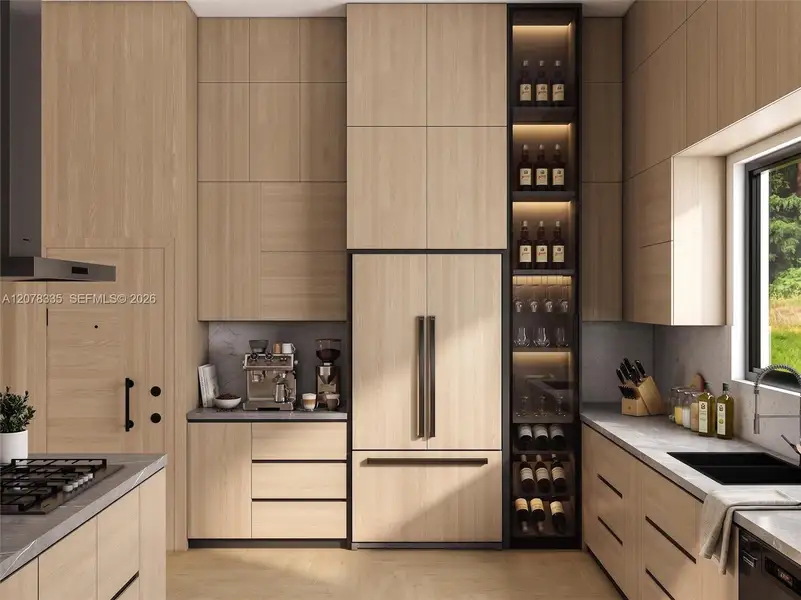 Modern kitchen featuring custom wood cabinetry, integrated wine storage, and premium appliances.