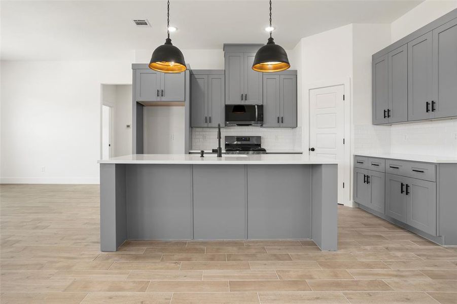 Kitchen with stainless steel appliances, gray cabinetry, tasteful backsplash, and an island with sink